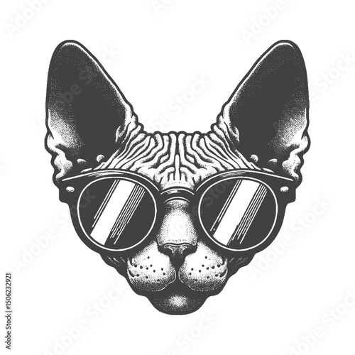Vintage Hand-Drawn Sphynx Cat Head with Sunglasses Illustration – Stylish Pet Engraved Style Vector for T-Shirts, Posters, Stickers, and Feline Fashion Themes Apparel