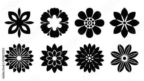 Vector collection of eight stylized floral designs in a symmetrical arrangement and decorative style on transparent background