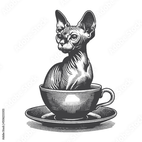 Vintage Hand-Drawn Sphynx Cat Sitting in a Teacup Illustration – Cute Pet Engraved Style Vector for T-Shirts, Posters, Stickers, and Cozy Themes Apparel