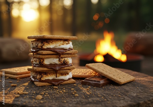 Delicious S'mores Stacked on a Rustic Wooden Surface with a Campfire Glowing in the Background During Golden Hour in a Serene Outdoor Setting