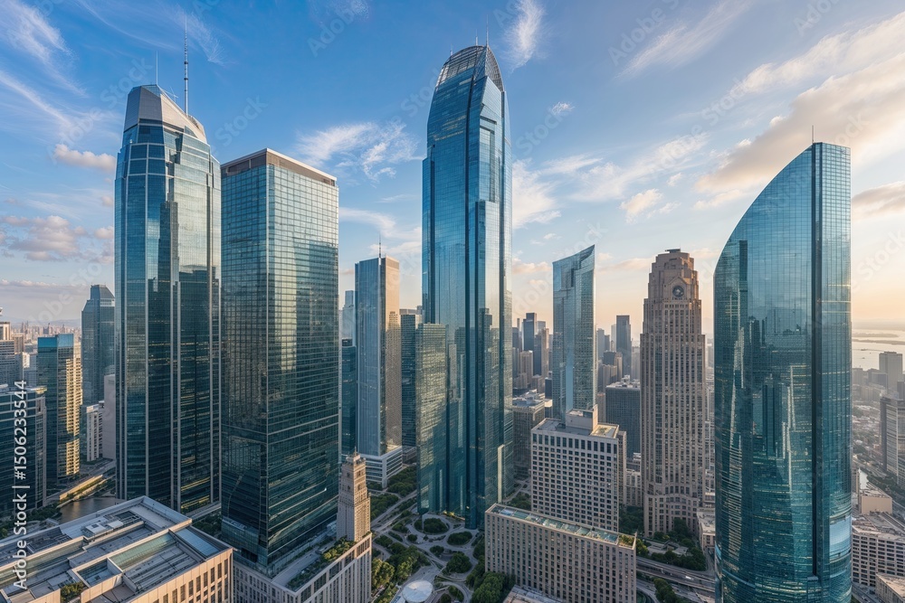 Fototapeta premium Modern Urban Architecture Corporate Buildings and Iconic Glass Skyscrapers in City Skyline