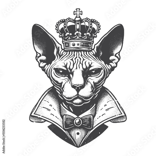 Vintage Hand-Drawn Sphynx Cat Wearing Crown and Smug Face Illustration – Royal Pet Engraved Style Vector for T-Shirts, Posters, Stickers, and Attitude Themes Apparel