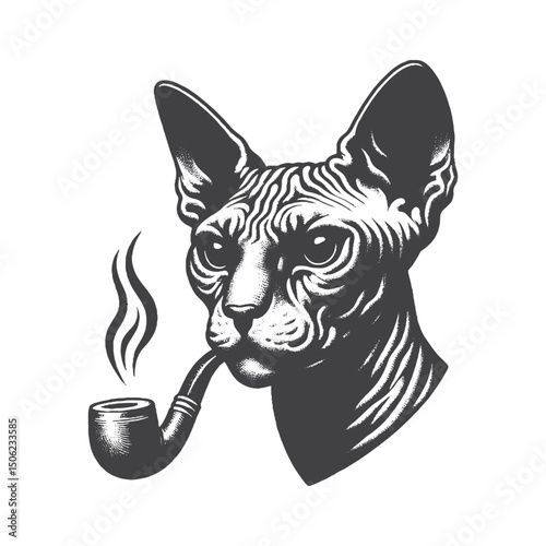Vintage Hand-Drawn Sphynx Cat Head Smoking Pipe Illustration – Retro Pet Engraved Style Vector for T-Shirts, Posters, Stickers, and Vintage Themes Apparel