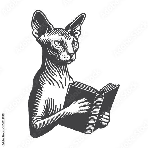 Vintage Hand-Drawn Sphynx Cat Holding a Book Illustration – Intellectual Pet Engraved Style Vector for T-Shirts, Posters, Stickers, and Reading Themes Apparel