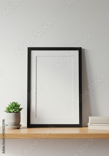 Vertical composition showcasing an empty picture frame on a wooden shelf with a small plant and books against a textured white wall. Clean design with natural light.