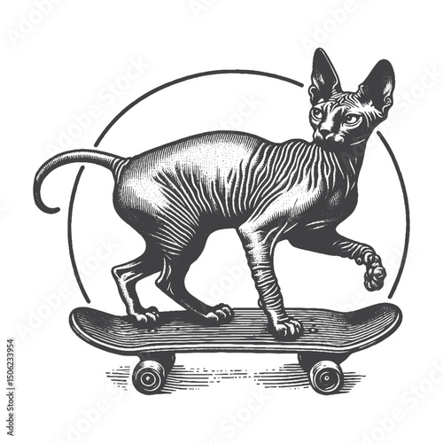 Vintage Hand-Drawn Sphynx Cat Riding Skateboard Illustration – Cool Pet Engraved Style Vector for T-Shirts, Posters, Stickers, and Urban Themes Apparel