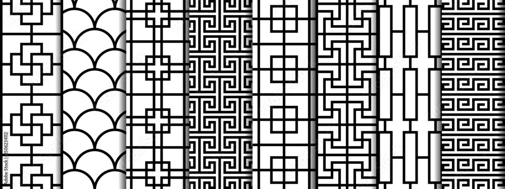 Fototapeta premium Traditional Chinese pattern set. Seamless geometric backgrounds with lines.