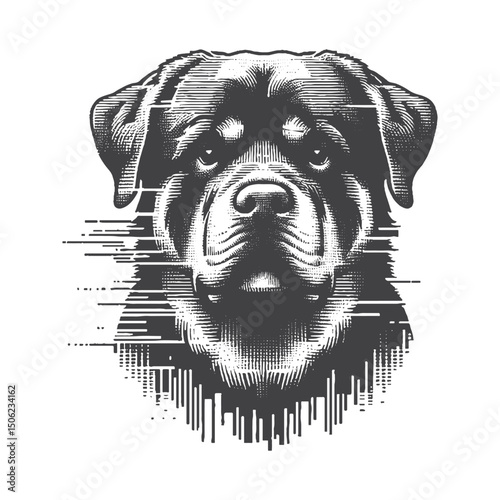 Vintage Hand-Drawn Rottweiler Head with Glitch Effect Illustration – Modern Dog Engraved Style Vector for T-Shirts, Posters, Stickers, and Digital Themes Apparel