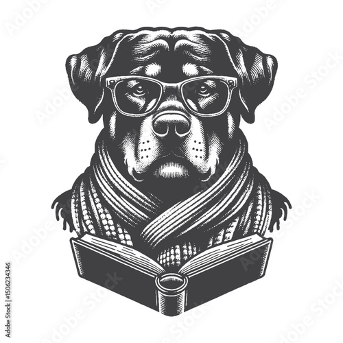 Vintage Hand-Drawn Rottweiler Wearing Glasses and Reading Illustration – Intellectual Dog Engraved Style Vector for T-Shirts, Posters, Stickers, and Learning Themes Apparel