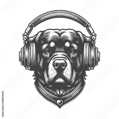 Vintage Hand-Drawn Rottweiler Head with Headphones Illustration – Cool Dog Engraved Style Vector for T-Shirts, Posters, Stickers, and Music Themes Apparel