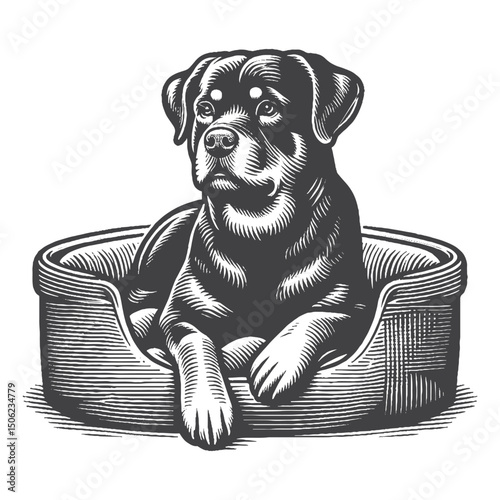 Vintage Hand-Drawn Rottweiler Sitting in a Dog Bed Illustration – Relaxed Pet Engraved Style Vector for T-Shirts, Posters, Stickers, and Home Themes Apparel
