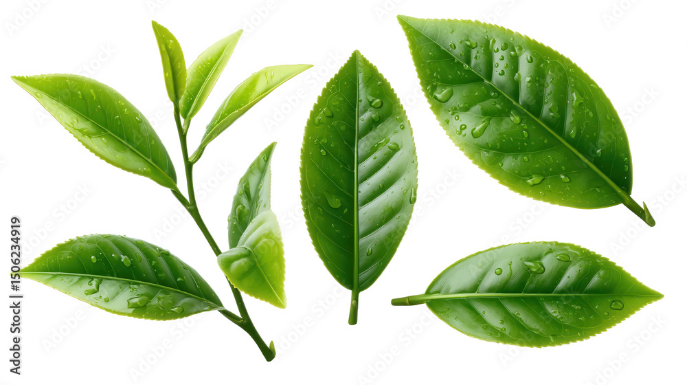 Fototapeta premium Fresh Green Tea Leaves with Water Drops