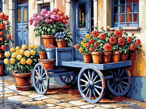 A charming blue flower cart filled with colorful potted flowers on a cobblestone street.