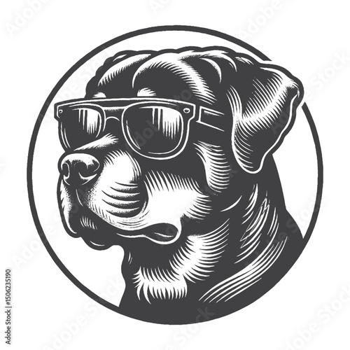 Vintage Hand-Drawn Rottweiler Head Wearing Glasses Illustration – Stylish Dog Engraved Style Vector for T-Shirts, Posters, Stickers, and Hipster Themes Apparel