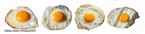 Four fried eggs with yolks in varying stages of cooking on a white background.