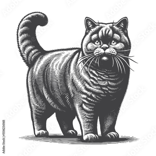 Vintage Hand-Drawn British Shorthair Standing Illustration – Proud Cat Engraved Style Vector for T-Shirts, Posters, Stickers, and Elegant Themes Apparel