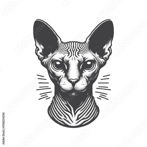 Vintage Hand-Drawn Sphynx Cat Head Portrait Illustration – Hairless Pet Engraved Style Vector for T-Shirts, Posters, Stickers, and Feline Lover Themes Apparel