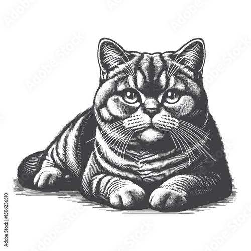 Vintage Hand-Drawn British Shorthair Lying Down Illustration – Relaxed Cat Engraved Style Vector for T-Shirts, Posters, Stickers, and Calm Themes Apparel