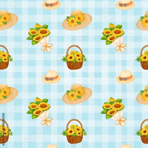 Seamless pattern with summer picnic and Straw Hat on pastel Blue