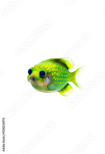 Beautiful Lone Dwarf Pufferfish Swimming Gracefully in Pristine White Background - Exquisite Underwater Sea Life Photography