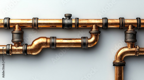 Modern plumbing service showcasing a new, shiny copper pipeline installation for a heating system, set against a blurred background with space for caption, highlighting minimalism and technical precis