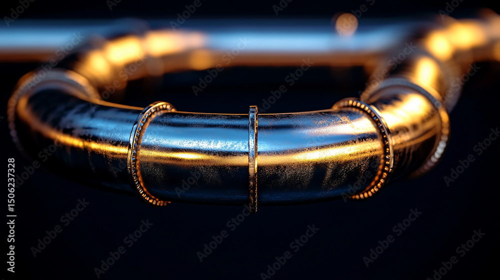 Naklejka premium Modern plumbing service showcasing a new, shiny copper pipeline installation for a heating system, set against a blurred background with space for caption, highlighting minimalism and technical precis