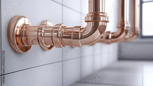 Modern plumbing service showcasing a new, shiny copper pipeline installation for a heating system, set against a blurred background with space for caption, highlighting minimalism and technical precis
