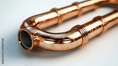 Modern plumbing service showcasing a new, shiny copper pipeline installation for a heating system, set against a blurred background with space for caption, highlighting minimalism and technical precis