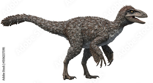 Detailed Illustration of a Feathered Velociraptor with Sharp Claws and Open Mouth