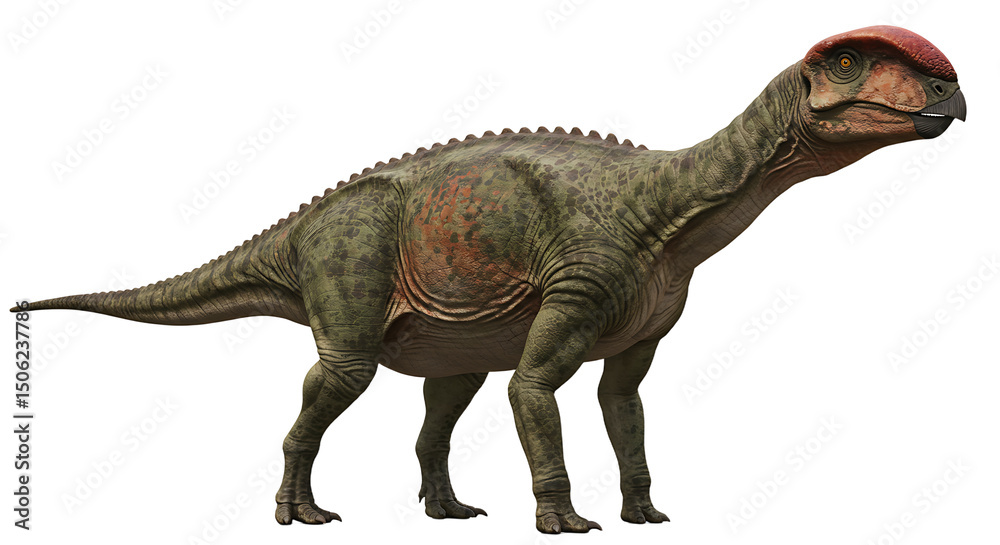 Detailed Illustration of a Hadrosaurid Dinosaur with Red Crest and Beak Detailed Illustration of a Hadrosaurid Dinosaur with Red Crest and Beak