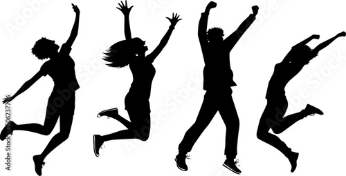Silhouettes of Happy People Jumping, Joyful Celebration Vector Illustration