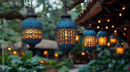 Illuminated Lanterns Hanging Outdoors.