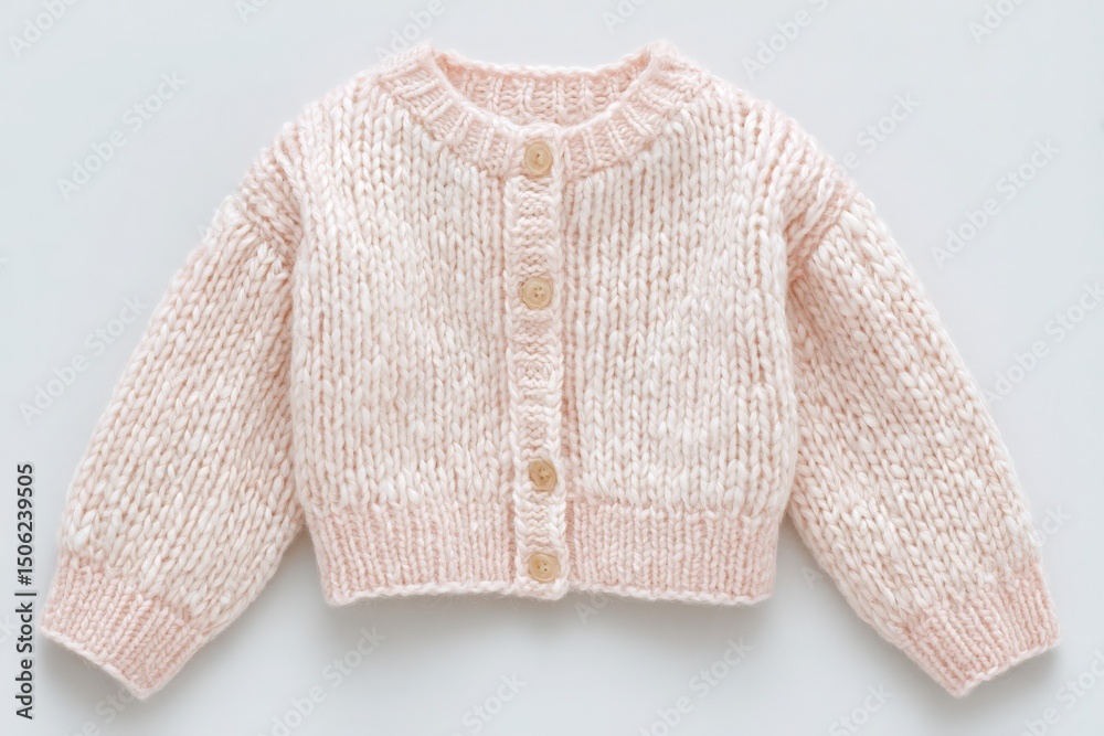 Obraz premium This cozy pink cardigan features a textured knit pattern and large buttons. Ideal for young ones to wear during fall and winter outings, it provides warmth and comfort.