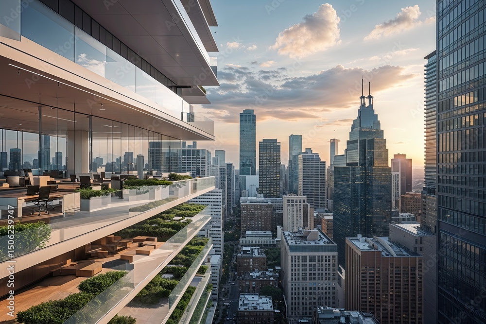 Obraz premium Artistic Layers of Office Architecture and Dramatic Highrise Skylines in Urban Landscape