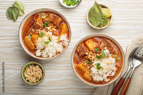 Two bowls of rich and flavorful massaman curry are served with beef, potatoes, and fluffy white rice, topped with crunchy peanuts and fresh parsley, a vibrant and aromatic thai dish photo