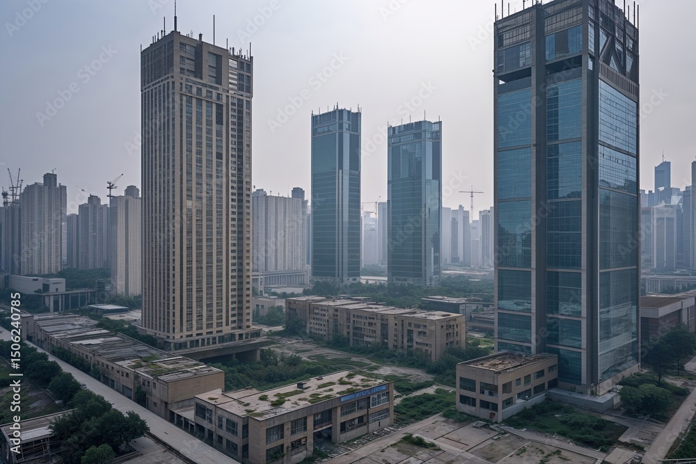 Fototapeta premium Abandoned Business Complexes and Skyscrapers in Qingdao Economic Zone