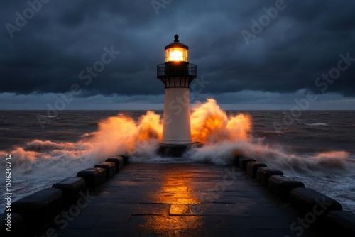 Lighthouse at Stormy Sea with Crashing Waves at Dusk