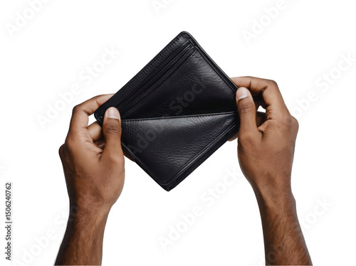 A pair of male hands holding an empty black wallet, showcasing its interior.