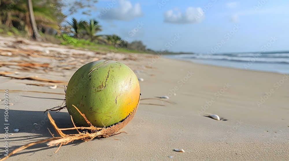 Tropical Beach Coconut Scene, Green Coconut on Sandy Shore Tropical Beach Coconut Scene, Green Coconut on Sandy Shore