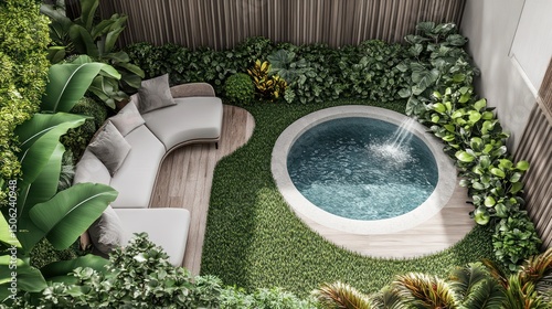 Lush courtyard with circular pool & curved seating