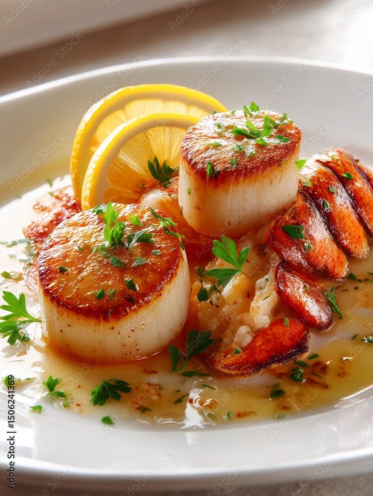 Oceanic Elegance: Seared Scallops & Lobster Tails with Garlic Butter Glaze on White Porcelain (4K Ultra-Detailed Fine Dining Photography) Oceanic Elegance: Seared Scallops & Lobster Tails with Garlic Butter Glaze on White Porcelain (4K Ultra-Detailed Fine Dining Photography)