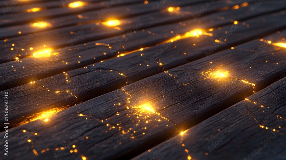 Naklejka premium Glowing Golden Particles on Dark Wooden Planks