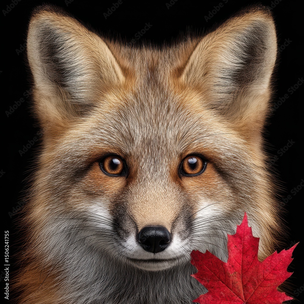 Fototapeta premium Red Fox Portrait with Maple Leaf on Black Background