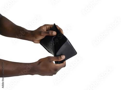 A Black male holding an empty wallet, symbolizing financial struggles and reality.