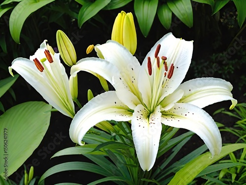 Elegant close-up of blooming white lilies with green leaves.