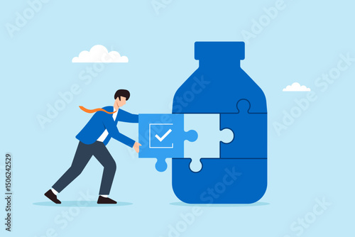 Flat illustration of quality control manager placing checklist puzzle piece into product bottle shape for compliance check