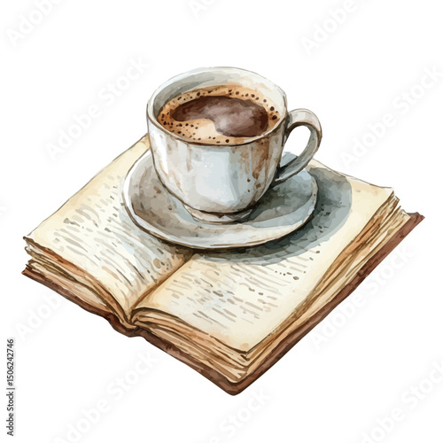 Coffee And Book, watercolor illustration vector, high quality, isolated on a white background.