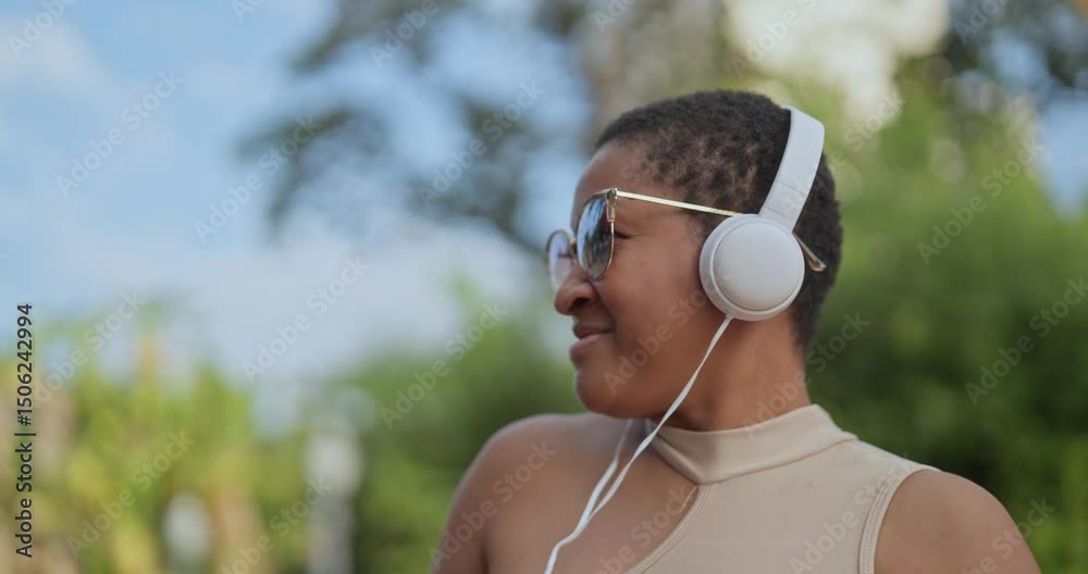 Latin woman with headphones enjoying music outdoors on blurred background. Latin woman with headphones enjoying music outdoors on blurred background.