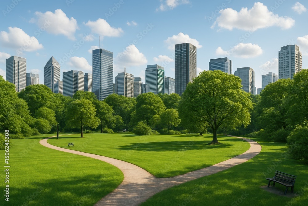 Obraz premium Wide Picture of Green Space in Urban City, Urban Environment