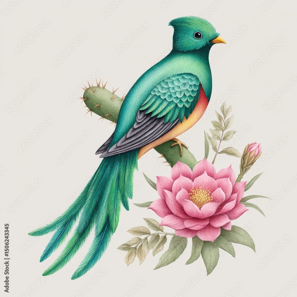 Obraz premium Resplendent Quetzal with Pink Flower and Cactus Illustration
